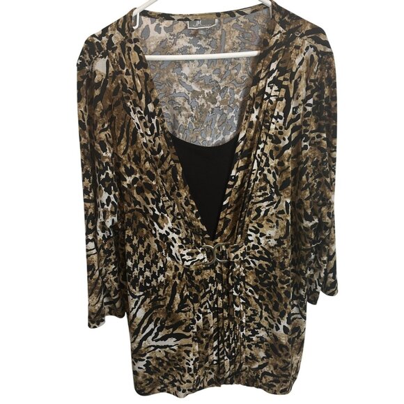 JM Collection XL Polyester Lined Animal Print Deep V-Neck Pull On Brown Black - Picture 6 of 7